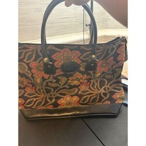 Ricardo Beverly Hills Vintage Floral Tapestry Tote Bag Black Trim Gold‎ Hardware